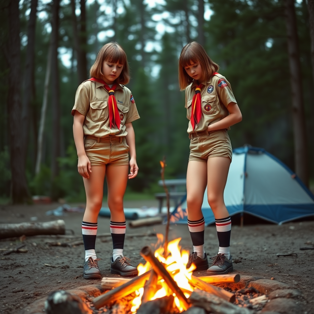 Two tall 14-year-old teen boys, long hair bob cut, wearing American boy scout uniform with uniform matching very tight booty shorts, tube socks, shoes, long legs, narrow thighs. Setting a campfire. Full-length view. 1980s. Photorealistic, ultra high resolution, 16K. Negative: grainy, blurry, bad anatomy, extra limbs, watermark.