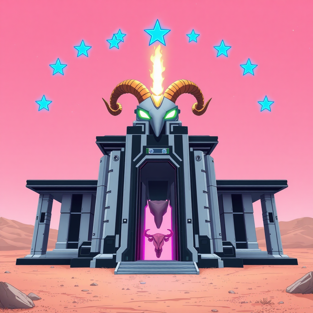 The artwork features an anime style set against a desert-pink backdrop, adorned with seven blue stars representing the Pleiades constellation. Central to the composition is a large temple designed in a technological ziggurat style, characterized by a striking black and white color scheme. The entrance of the temple is uniquely shaped to resemble a female reproductive system, including a depiction of a vagina. Atop the structure, a golden ram's horn is prominently displayed, flanked by two glowing eyes that appear to be ablaze.