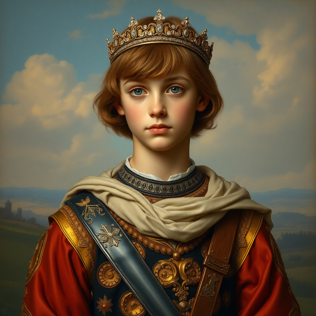 16yo teen boy prince, handsome, long bob cut, embroidered with gold and diamonds medieval cloths, diamond diadem, natural Skin Texture, and Beautiful War. Free style by 20% Adolphe William Bouguereau, Academic realism and 20% Sandro Botticelli, early Renaissance and 60% Otto Lomüller, Boy Scout photorealism. The background is in the style of landscape style by Antonio del Polaiolo, Generating the signature at the bottom: Viva FLUX and Rombach, ultra high resolution, 16K,