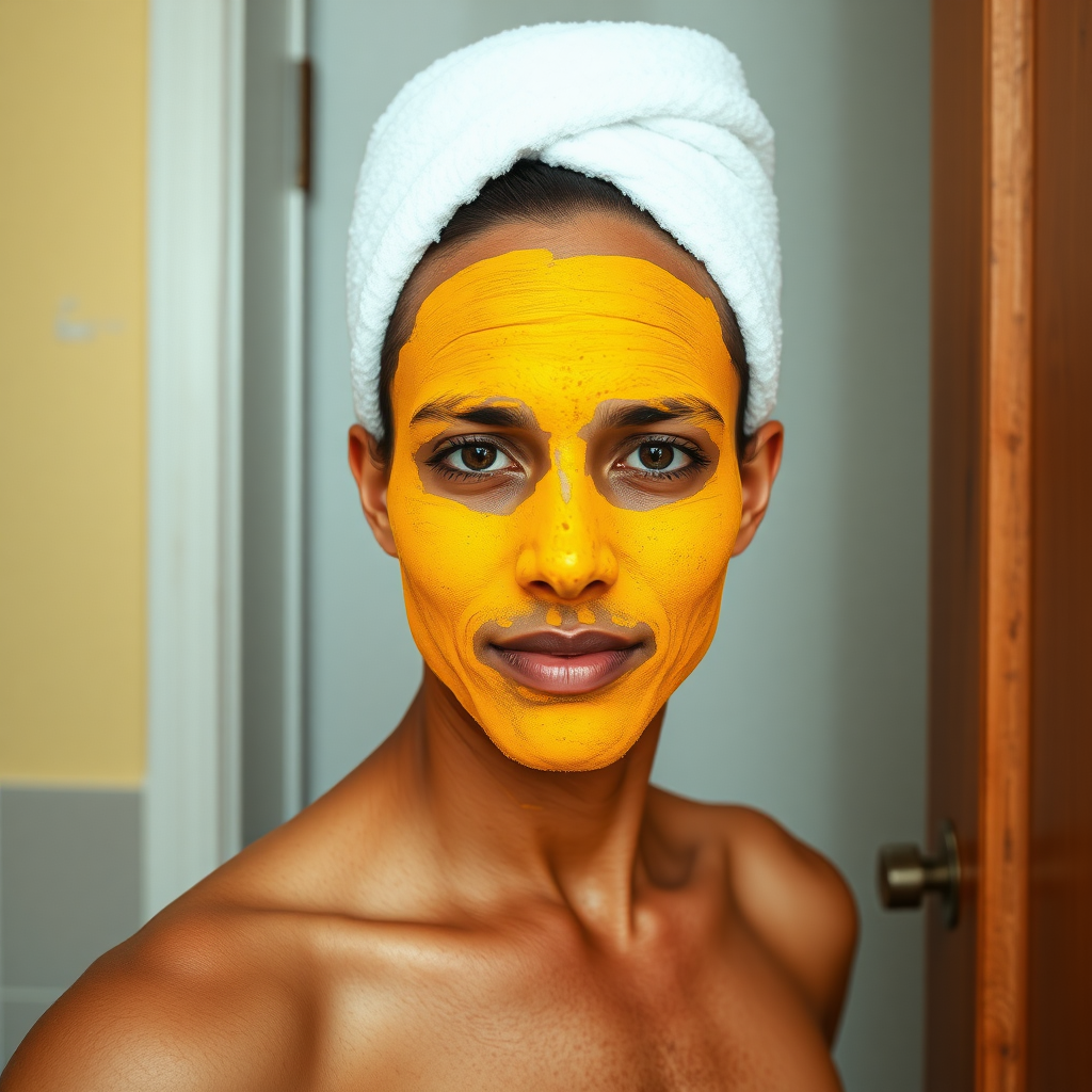 slim, 30 year old, indian wife, towel head, turmeric face mask, opening a door