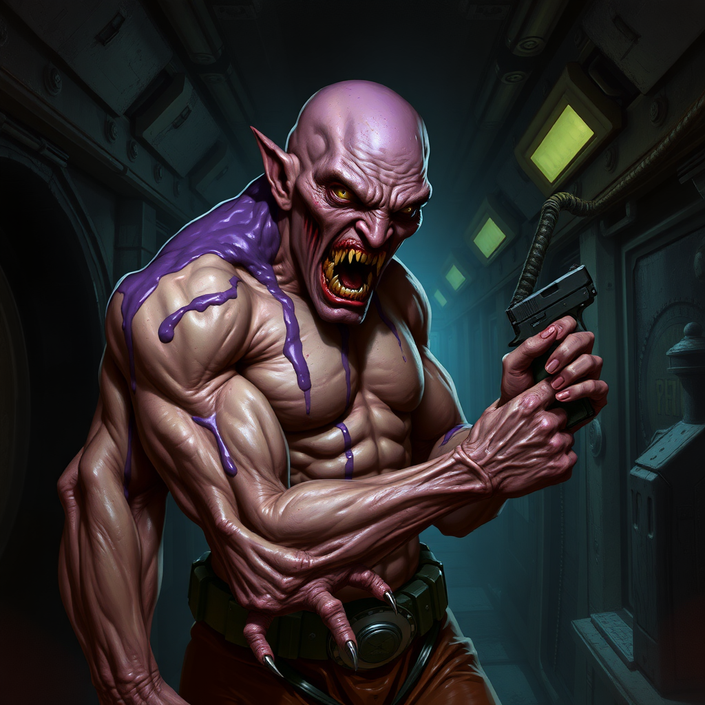 Sci-fi digital horror painting. Heavily mutated crew member, his body and limbs elongated and twisted while muscles ever tensing. Aggressive violent snarl on face. One hand has long sharp claws while the other looks relatively normal and has a pistol in it. Purple goo oozing all over him. Dark rocky industrial corridor.