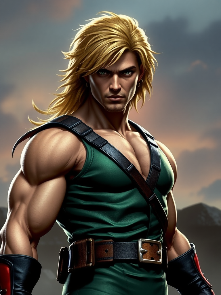 Create a hyper-realistic image of Marvel Comics character Rogue, but with the body type of Ken Masters from Street Fighter, ensuring that Rogue's head remains intact. Adjust the silhouette accordingly to blend both characters' features. Design a background setting that is suitable and visually appropriate for the characteristics and worlds of both Rogue and Ken Masters.