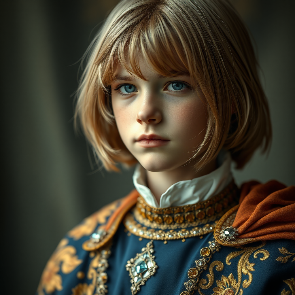 16yo teen boy prince, long bob cut, embroidered with gold and diamonds medieval cloths. photorealistic, ultra high resolution, 16K,