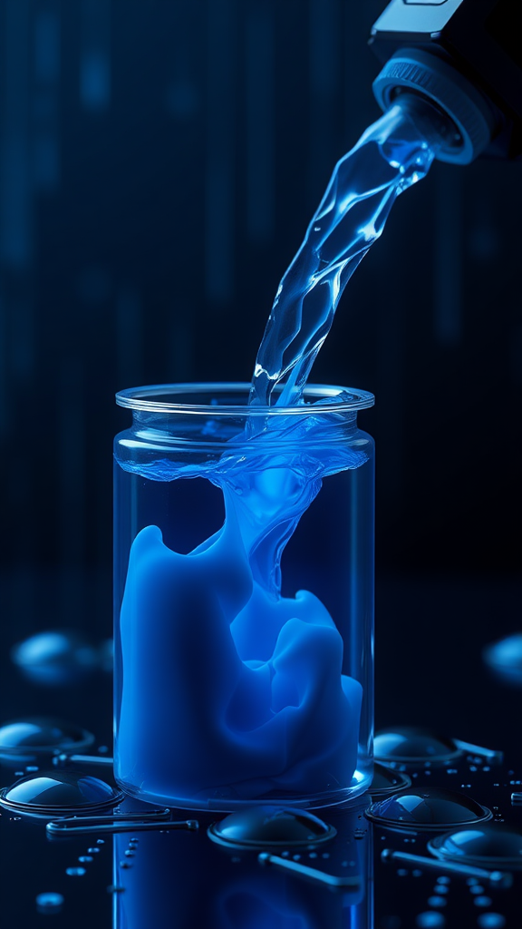 The image of extracting liquid from a secondary battery and regenerating it, express it as a realistic image with 3D rendering, express the background as a cybernetic and mysterious image, and express the overall color as dark blue.