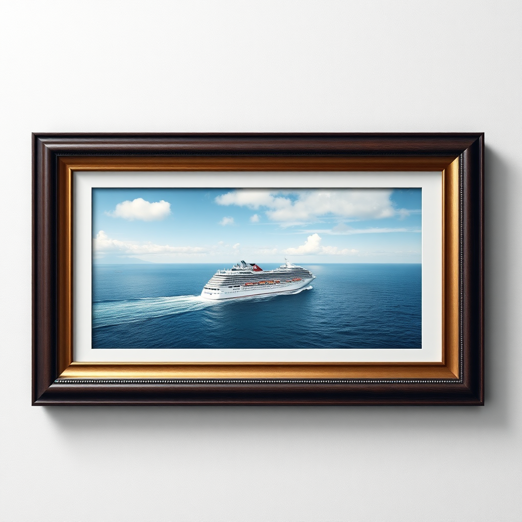 create a photo realistic image of a framed art picture hanging on the wall. The picture depicts cruise ship sailing in the sea. Make the image rectangle and not square