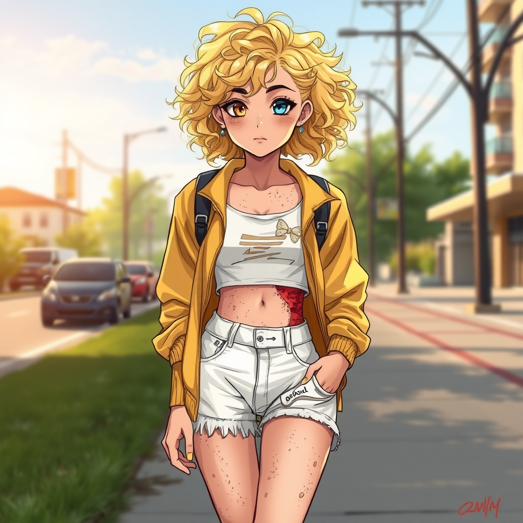 Realistic drawing style image, Extremely good quality 8k resolution drawn manga image of a 15 year old petite and short tomboy girl with golden blonde curly hair with mixed and different colored eyes for each eye and moles on her entire body and is a white American girl, Has on a Gold Jacket over a white extremely short crop top only covering her breasts and nothing more with a design on it, and has on ripped shorts and cool looking sneakers and a deep and big knife cut wound on her stomach from a huge injury she had, with a bright color backpack, ear piercings on, walking on the street to school in the morning with the beautiful sunlight lighting up her body beautifully with no tattoos.