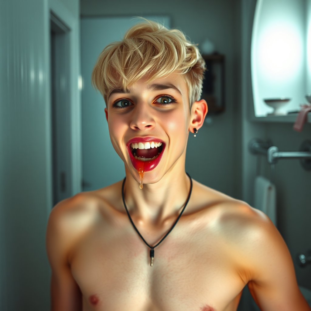 photorealistic, ultra high resolution, 16K, surreal fantasy, studio lighting, a pretty 16 year old goth boy, slim male physique, short blonde hair, goth makeup, earrings, pantyhose, white ballet shoes, in the bathroom, excited smile, facing the camera, drooling from his mouth