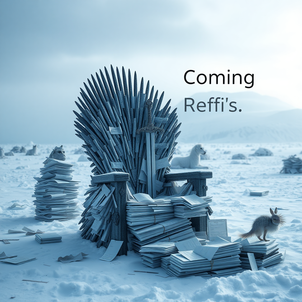 A legendary movie scene in Antarctica depicting the game of thrones sword chair made out of stacks of paper. The text in the background says “Refi’s are coming.” Epic theme and high quality cinematic elements. No animals or people. Winter storm, epic legendary shot. Stunning visuals. Stacks of paper everywhere in the snow.