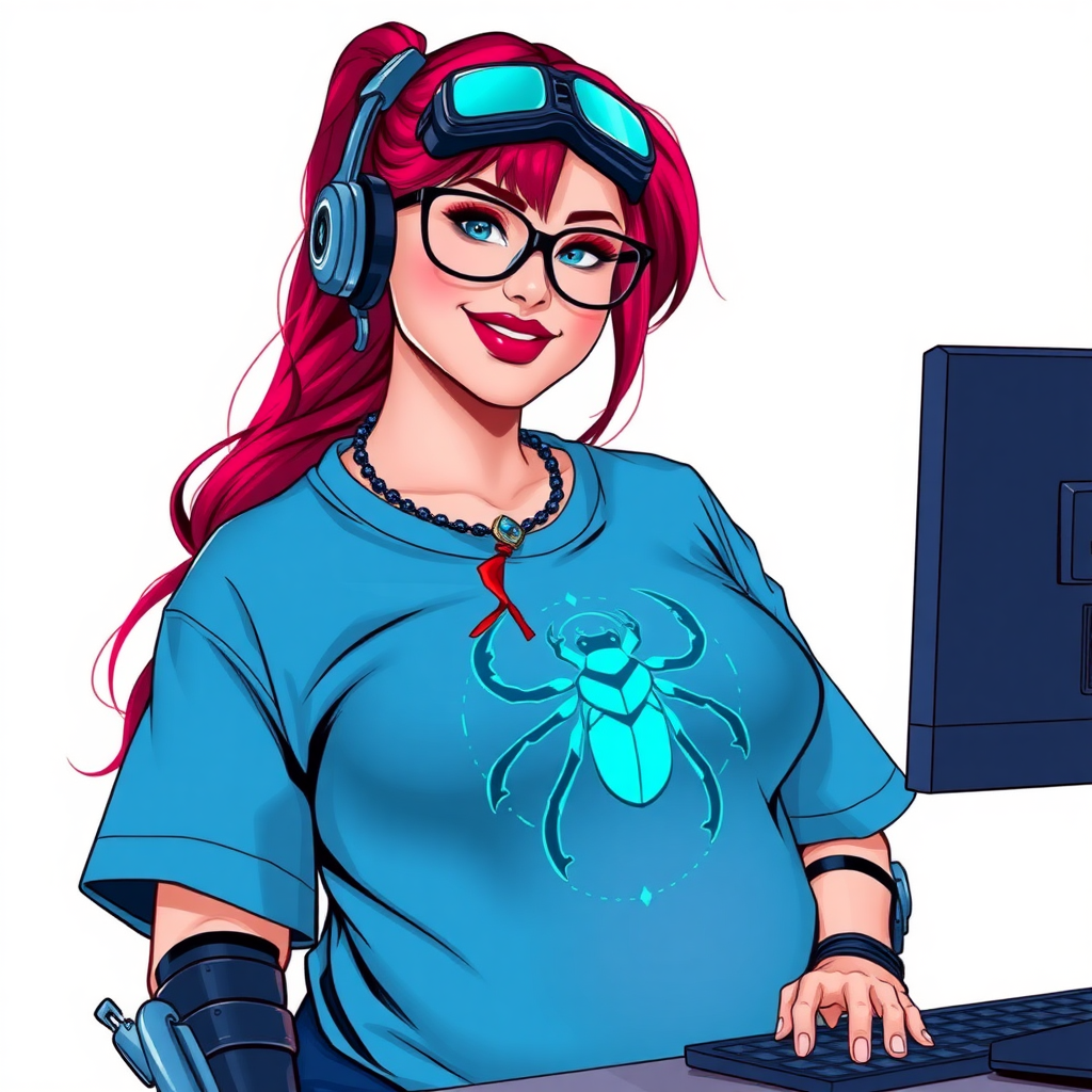 A cyberpunk vigilante’s full-figured intelligent and tech-savvy 29-year-old girlfriend, who is a computer hacker and tech genius. She has a long ruby red ponytail and bright blue eyes. She wears maximum blue lipstick, a sapphire beetle gemstone necklace, sapphire earrings, black eyeglasses, hi-tech metal arm armor, and an oversized maximum blue t-shirt featuring a neon blue glowing icon of a scarab beetle on its chest. She has a full-figured physique with a giant, round midsection, reflecting her well-cared-for lifestyle. She sports a sapphire headset with a hi-tech maximum turquoise lensed HUD, and a beaming smile with a passionate bright red blush. She serves as his tech expert from his hideout, diligently working at her lab table and computer desk. The background is solid white. She is drawn as if she was in a retro 2D cyberpunk fighting game.