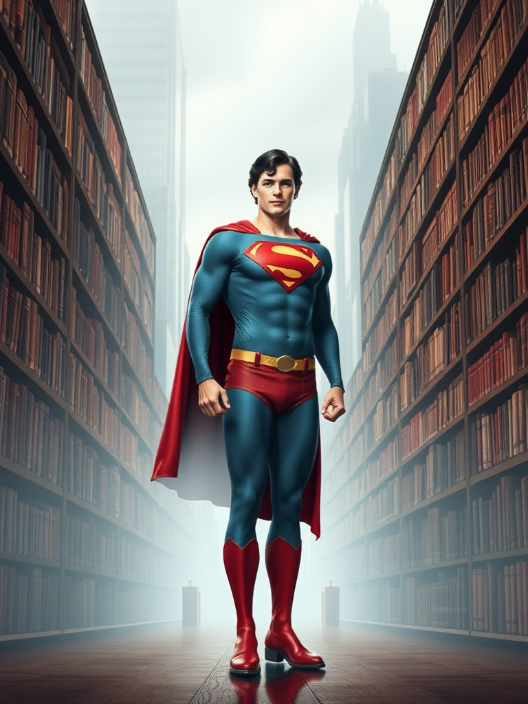 Create a full-length image of Superman with the body type of Velma Dinkley. Ensure he is wearing his classic Superman costume. Design the background to be a seamless blend of Metropolis and a classic library, incorporating elements like skyscrapers and shelves filled with books. The scene should evoke a sense of mystery and heroism, fitting for both characters. Make sure the lighting is balanced to highlight Superman’s features while maintaining the ambiance of both settings.