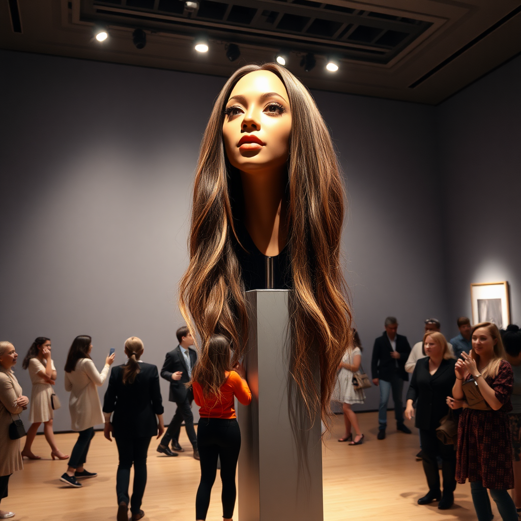 In an enchanting art gallery, a mesmerizing interactive performance art exhibit unfolds, highlighting the stunningly beautiful, very long-haired disembodied head of Beyoncé, elegantly showcased atop a sleek, polished stand. The room is brightly lit, with soft, focused spotlights illuminating her radiant features, accentuating her glossy, flowing hair that cascades down like a waterfall of dark silk. The backdrop is a minimalist, plain gray canvas that expertly contrasts with the vibrant strands of her hair, drawing every eye to the captivating spectacle.

Visitors meander through the space, their fingers twitching with excitement as they gingerly reach out to stroke and style her luxurious locks. The atmosphere buzzes with anticipation and playful fascination, as hushed whispers of admiration ripple through the crowd. Every graceful movement within the gallery is accompanied by a soft rustling of hair as people explore the tactile delight of this extraordinary centerpiece, creating a blend of art and intimacy. The air is alive with a sense of wonder and curiosity, inviting each participant to engage in a whimsical dance of interaction and creativity amidst this unconventional celebration of beauty and artistry.