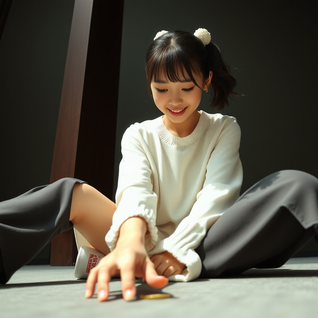 photo low angle full body shot beautiful xiaomeimei looking down. She is sitting legs stretched out. there is a coin on the ground she is reaching for. her expression is delighted surprise