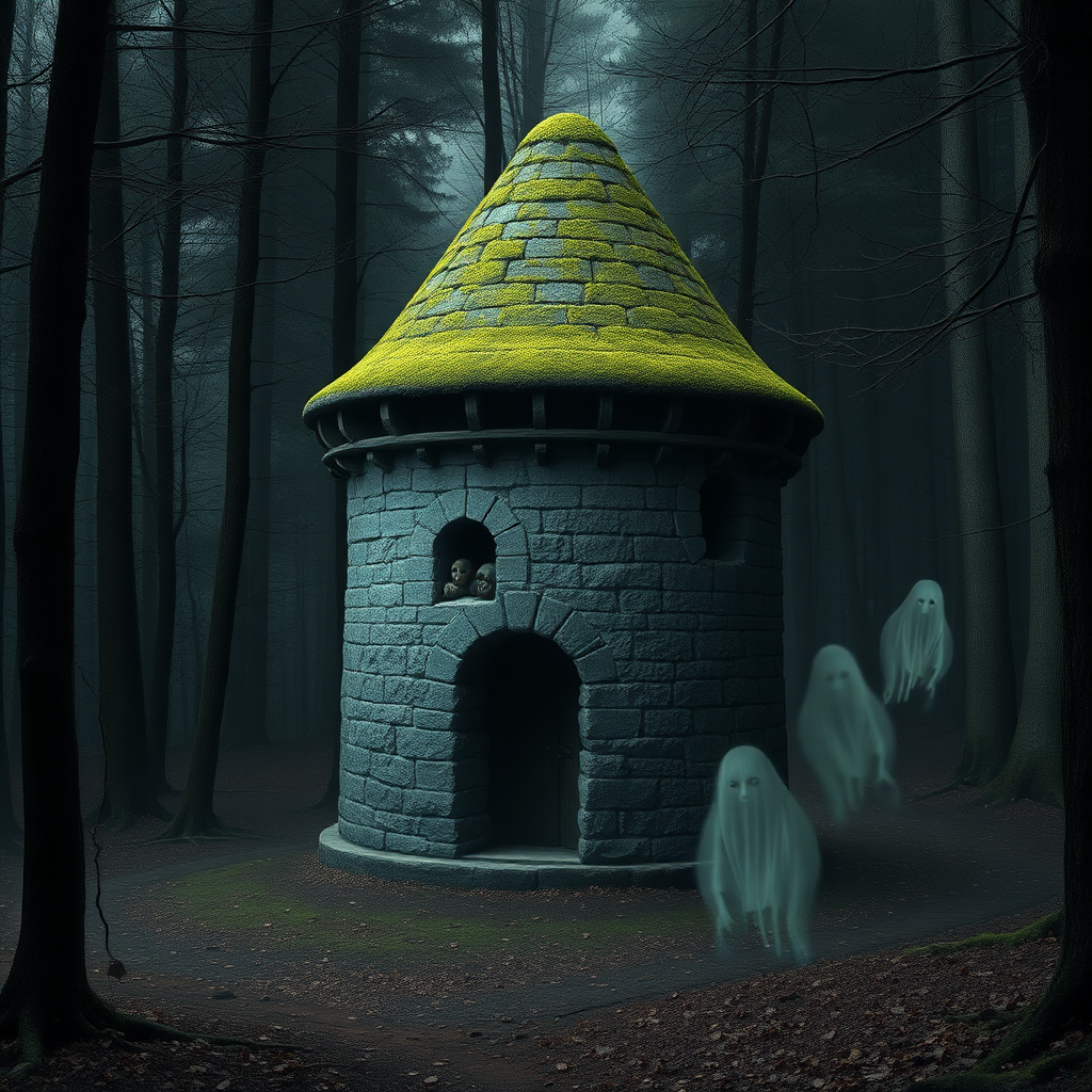 A photo realistic small, old and worn, round, moss covered medieval stone tower in a dark forest clearing with very faint ghost like forms around it