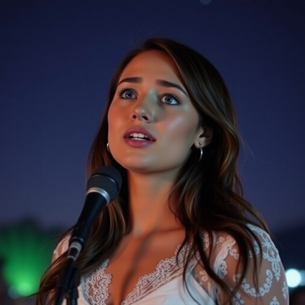 a young woman singing. she is looking like lucy thomas. long brunette hair with highlights, narrow pale blue eyes. suntanned skin. small lips with pale red lipstick. looking to the side. wearing a white dress with transparent lace. view from far. night sky in background. photo