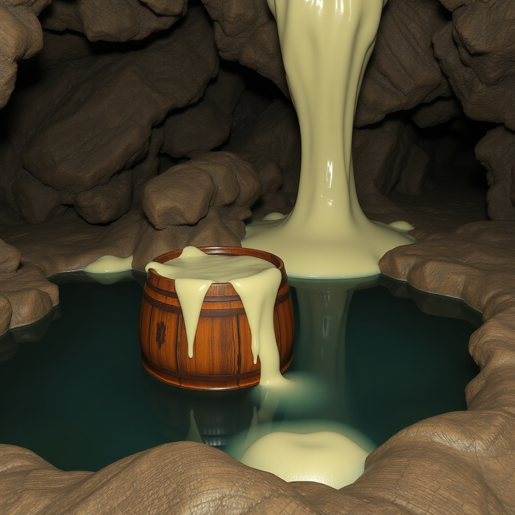 A photo realistic pool in a cave with a wooden barrel near the edge of it and a pale transparent yellow slime crawling into the barrel