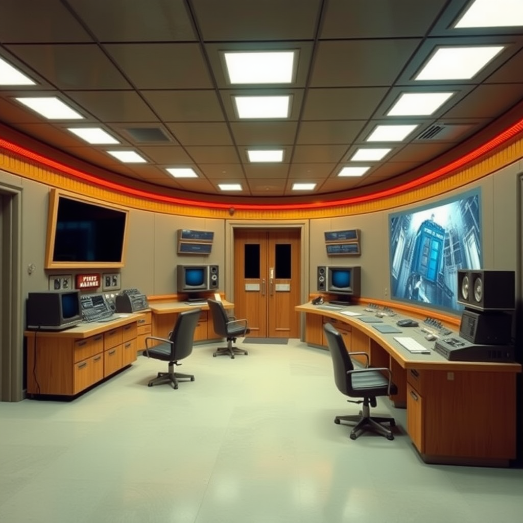 tardis control room in the style of 1960s n.a.s.a. control room