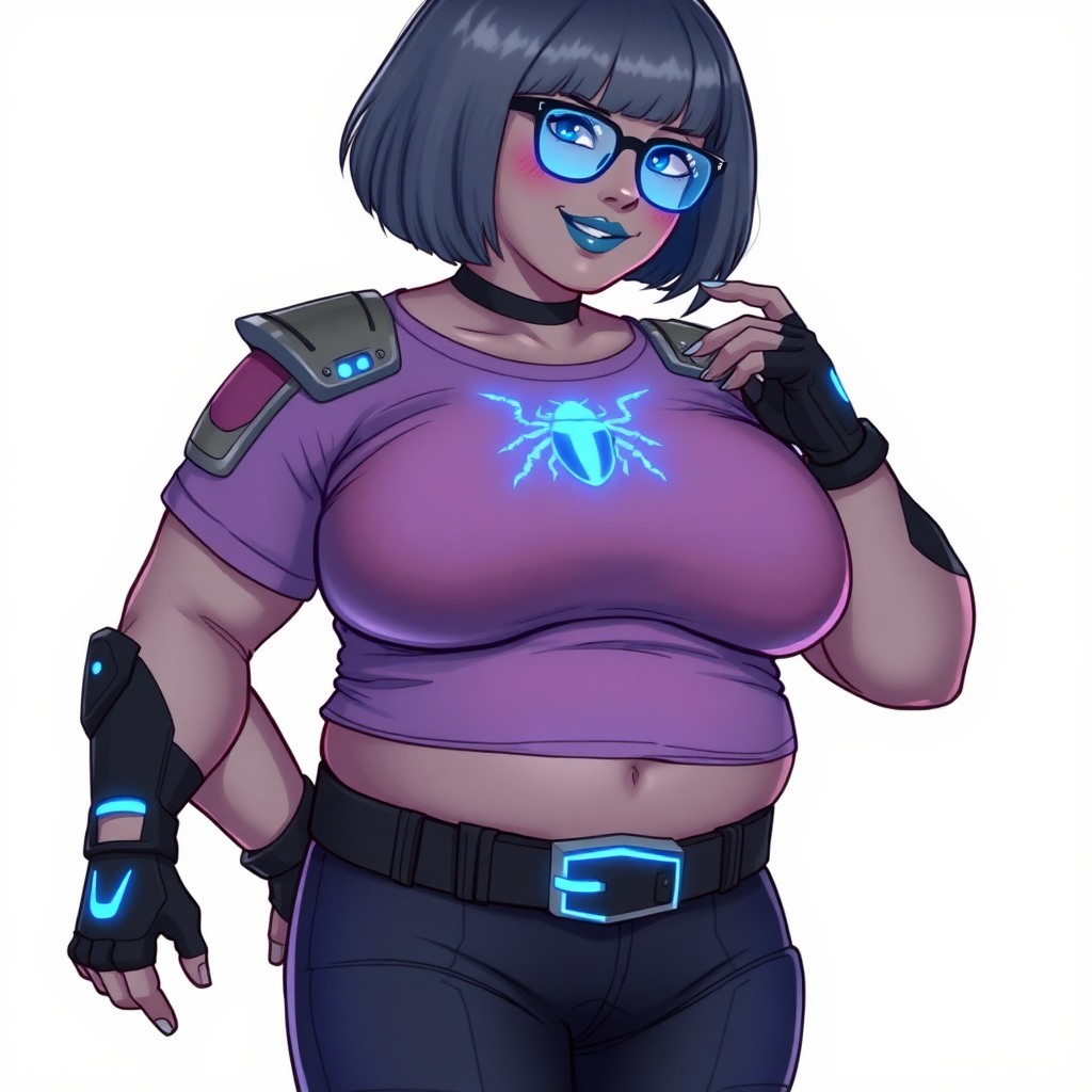 A 28-year-old, full-figured, metallic middle gray (N5) skinned computer program hybrid with a maximum blue bob cut. She has a non-athletic build, highlighted by a prominent, round, large midsection (with emphasis on her belly), which shows the effects of her new love of junk food acquired from her boyfriend. As the full-figured, nerdy, digital sidekick to her cyberpunk vigilante boyfriend, her metallic middle gray skin and maximum blue lipstick (5PB 5/12) emphasize her digital nature. Her skin has a subtle, animated glow, with digital patterns occasionally flickering across it, making her digital nature obvious. She wears a digital, computerized costume, consisting of a huge, tight-fitting, maximum blue t-shirt (5PB 5/12) with a neon blue glowing chest icon of a beetle, hi-tech shoulder pads with neon blue accents, a black hi-tech belt with a digital neon blue glowing buckle, digital maximum blue biker pants (5PB 5/12) with neon blue accents, and black hi-tech fingerless biker gloves with neon blue glowing accents. Her neon blue glowing eyes, black eyeglasses with neon blue glowing lenses equipped with a built-in HUD, and bashful smile with neon red blush accentuate her nerdiness. She stands bashfully with one hand behind her back and the other hand gently touching her cheek, her costume covering all her skin and emphasizing her full-figured physique (especially her belly). She is clearly non-athletic, with a focus on her full-figured physique. Despite her build, she radiates beauty. She has a slim face compared to her physique, accentuating her radiant beauty. She is on a solid white background. She is drawn as if she were in a retro 2D cyberpunk fighting game.