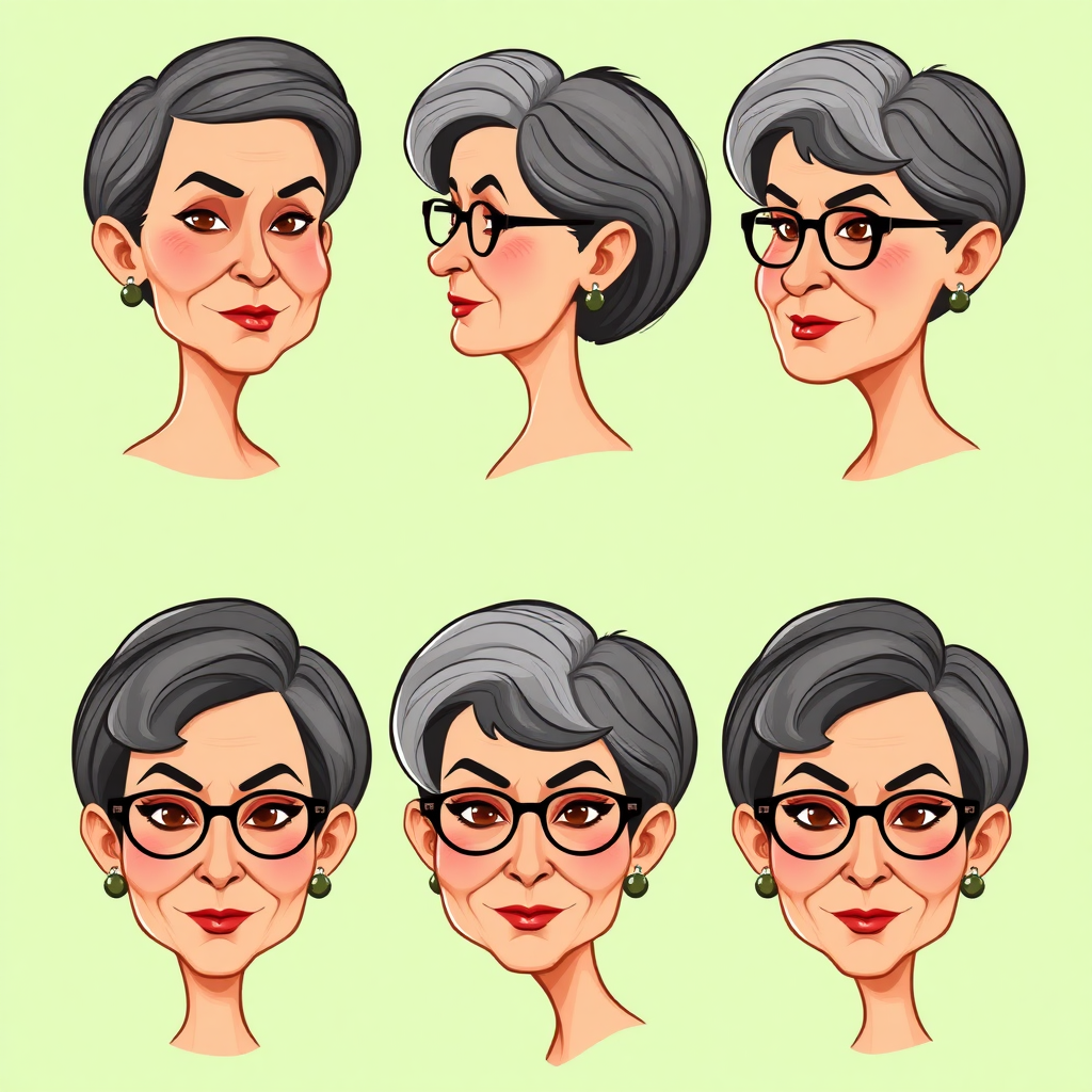 image of six headshots of a 50 Years old, fit, European, Latina, sharp aquiline nose, wrinkles, high cheekbones, Middle Eastern, Skinny, Tanned skin, Dark light skin, full Makeup, jewelry, Sharp nose, frowning, exaggerated cartoon emotions, lascive smile, dark grey Ash hair, short bowl haircut, Brown eye color, half closed eyes, round Glasses, with detailed features. Each photo displays the same face in back, profile and front view, cut out and isolated on a green background. consistent features, All six heads are visible side by side, empty space around each view, no overlapping. 2D, caricature, cartoon, Sketch lines, coloring book style, well composed, clean coloring book page, No dither, no gradient, strong outline, vector illustration