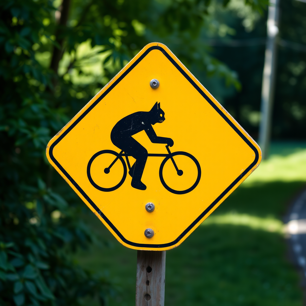 cat cycling road sign