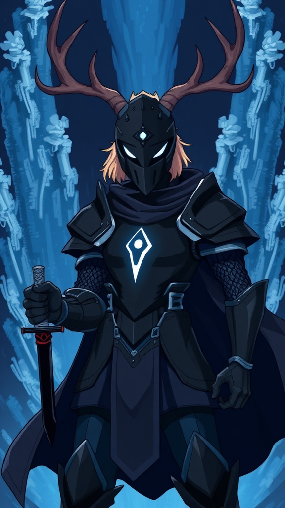 (Anime-pixel art) background of a massive blue-black-dark fountain erupting into the air, a fierce and violent knight stands poised for battle. She wears sleek, black knight armor, marked by a small perfect white eye symbol at its center, exuding an air of intimidation. Her face is obscured by a terrifying goat-like mask, with a single glowing white eye on the right, and another white eye symbol perched at the top of the mask, adding to her menacing presence. The knight's imposing silhouette is accentuated by two large, dark-silver shoulder guards that gleam ominously in the darkness. Draped behind her is a flowing dark-blue cape that billows dramatically, hinting at her formidable power. Atop her head, two impressive deer antlers rise, further enhancing her fearsome appearance, while her short, tousled blonde hair peeks out from beneath the mask. In the left hand of her palms, she wields a black-dark knife with a white aura around its edges.

This is the Roaring Knight, known as Mayor Holiday from Deltarune, captured in a striking full-body view that highlights both her ferocity and enigmatic allure.