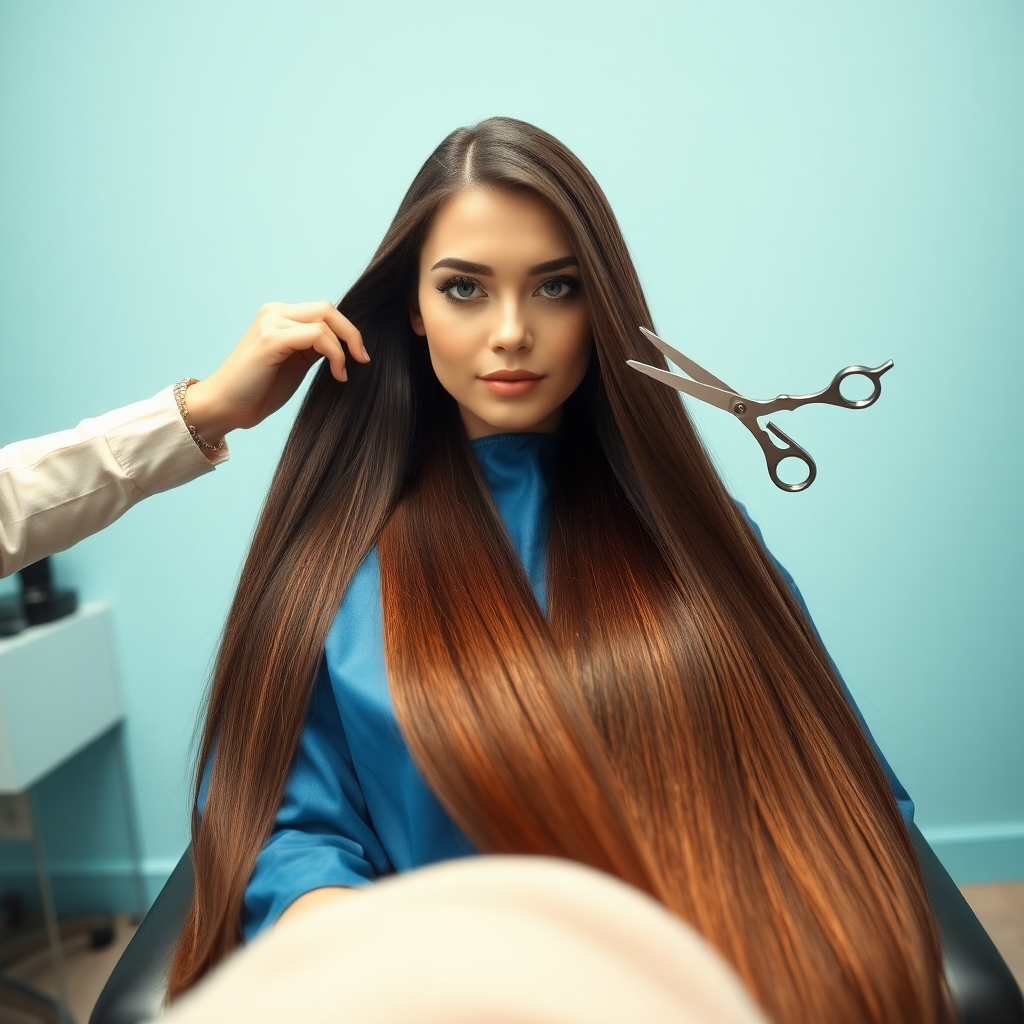 POV, A beautiful woman sitting in a hair salon wearing a blue salon cape, looking at the camera. Her very long hair meticulously fanned out. I'm grabbing a lock of her hair with one hand and prepare to cut it with scissors held in the other hand. Plain light blue background.