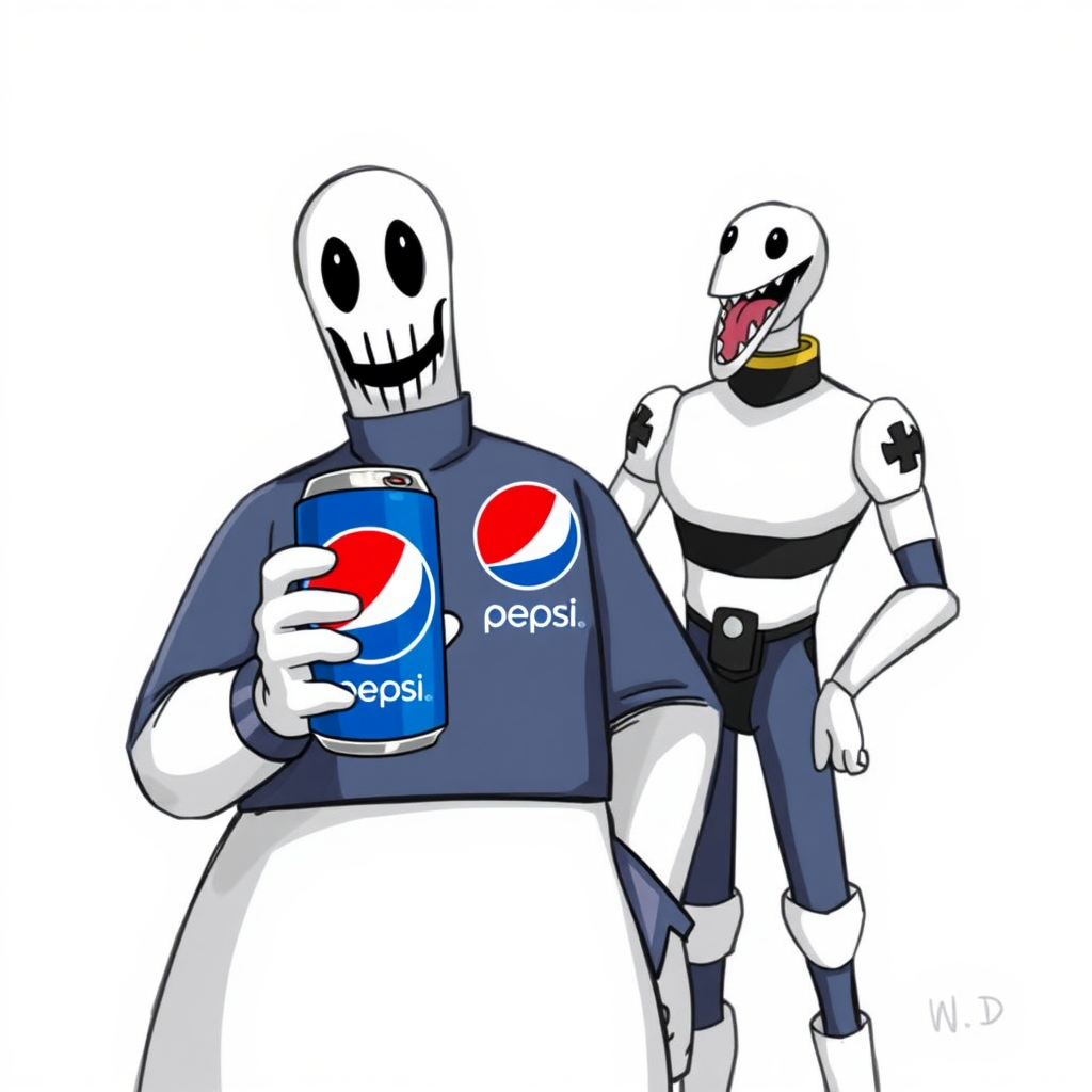 W.D Gaster from Undertale holding a can of Pepsi as an advertisement, he is standing with Spamton from Deltarune.