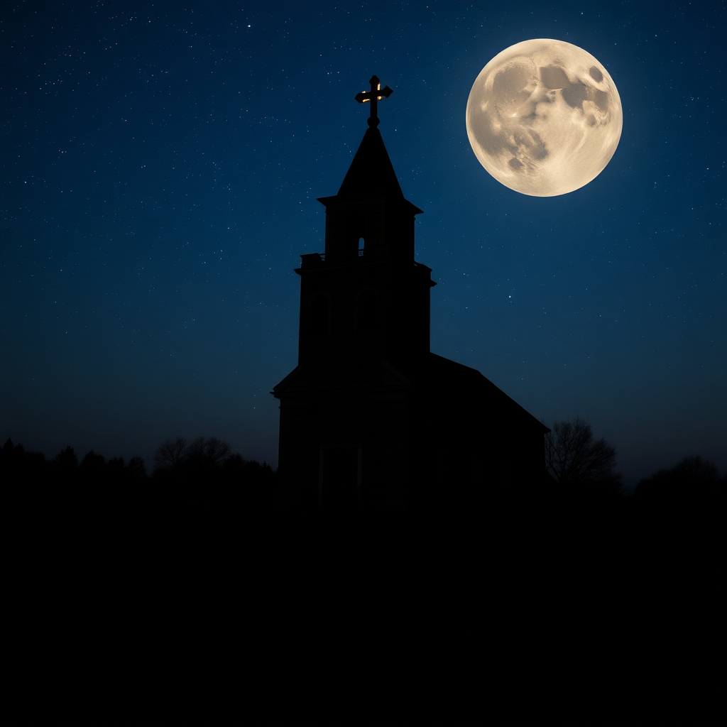 country with a church with a square bell tower without a spire and cross with lights, big moon with a very starry sky, semi-darkness