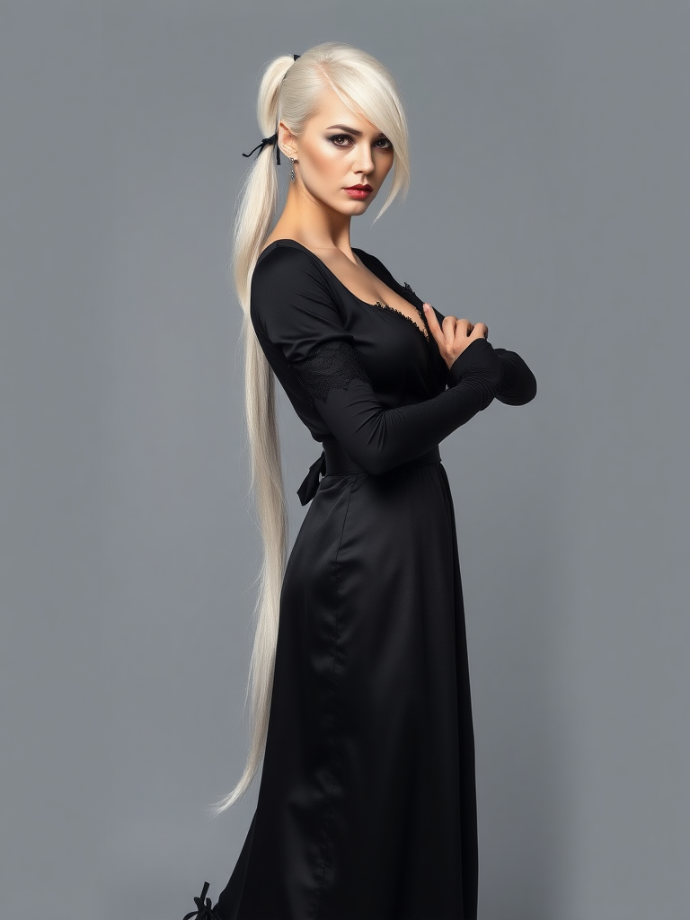 mature adult woman, skinny and tall, long legs, large shoulders, teardrop saggy small breast, long asymmetric undercut layered white hair, side swept bang, long white ponytail tied with a black lace, beautiful detailed face, piercing red eyes with intricate iris details, looking at the camera with a serious expression, wearing gothic style, black silk long sleeve top, black silk long skirt, black pantyhose, black gloves, black ankle boots, standing in a fierce pose with her head held high