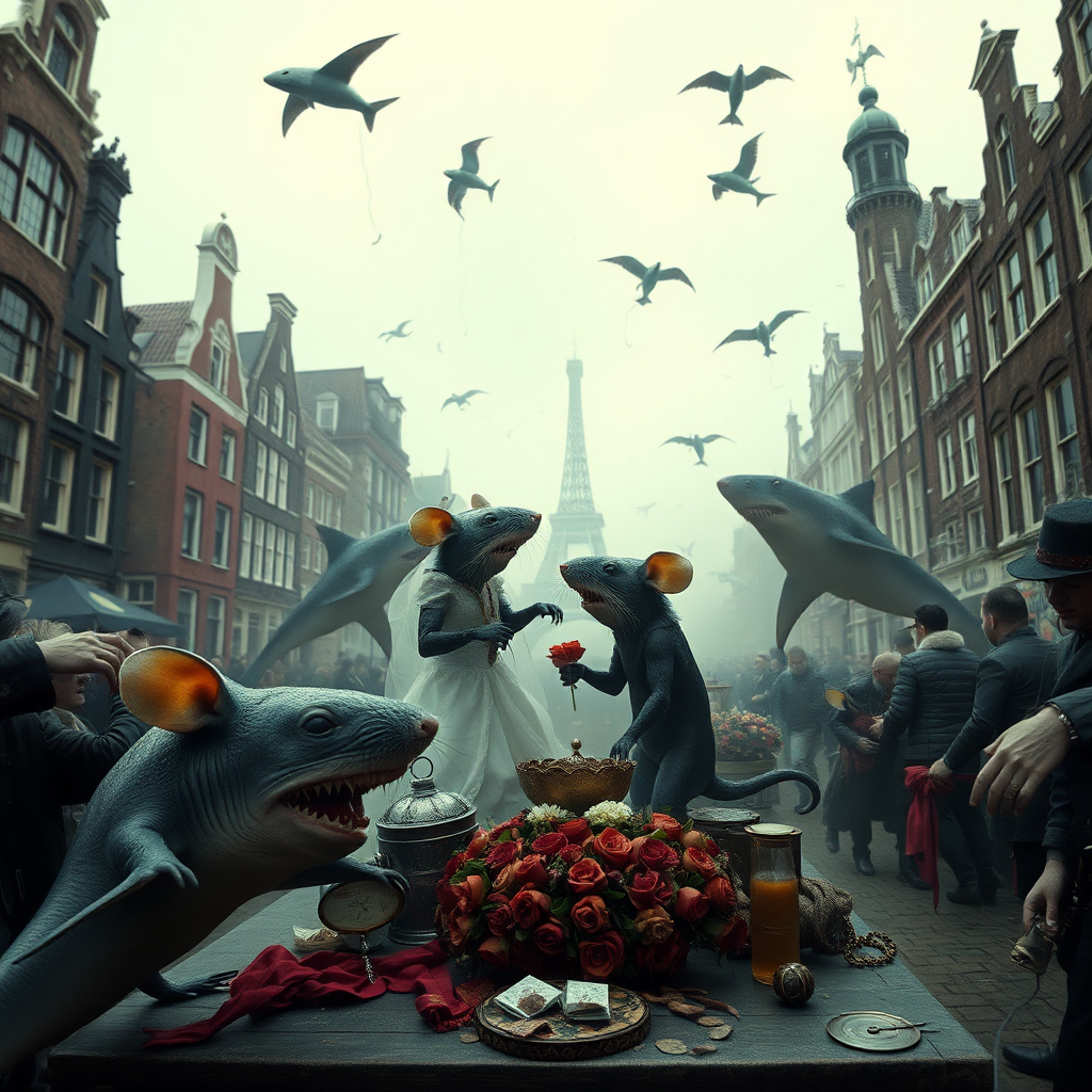 A rat wedding being attacked by hammerhead sharks, no text, Lovecraftian, in Amsterdam, steam punk