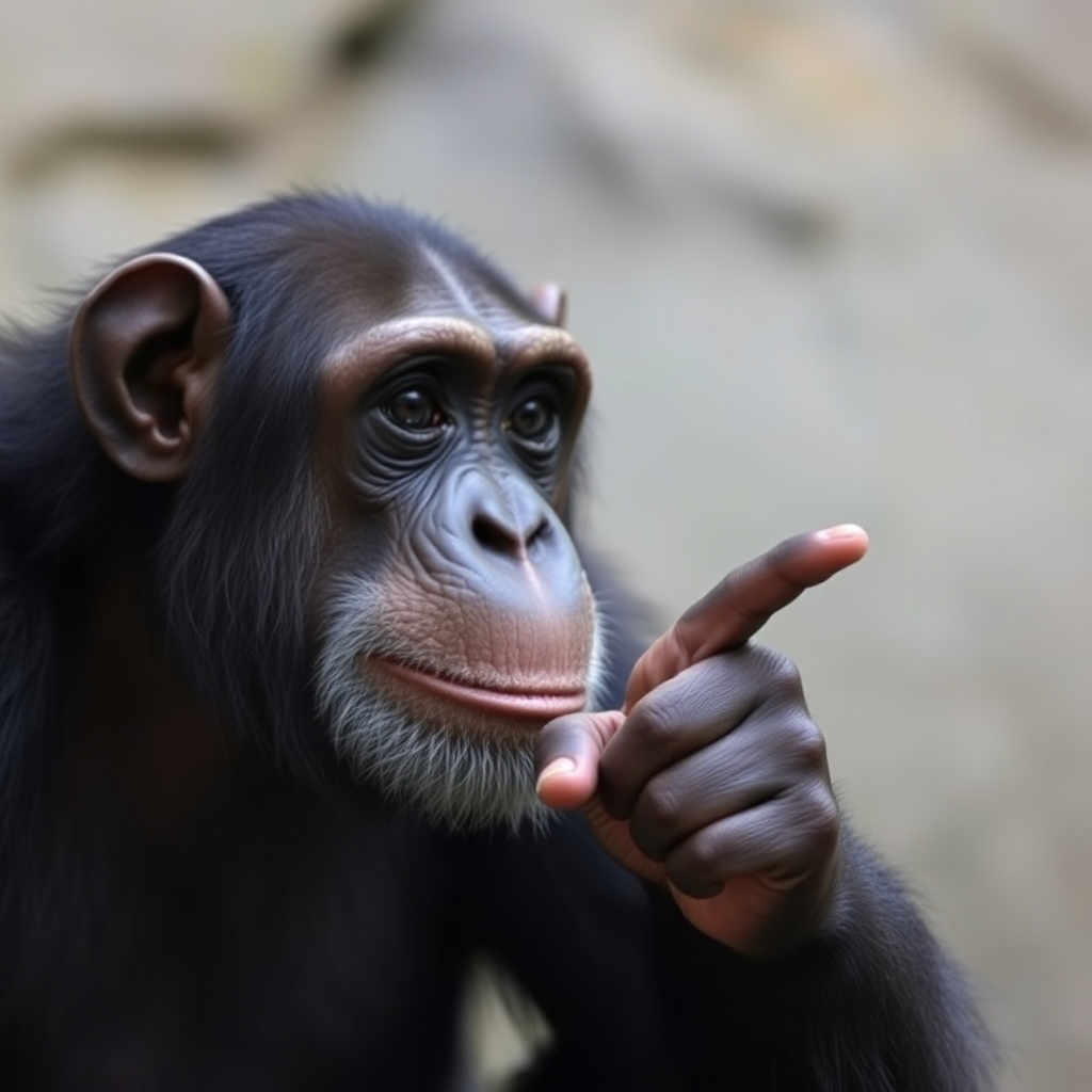 Chimpanzee looking in my direction and pointing its finger at me.