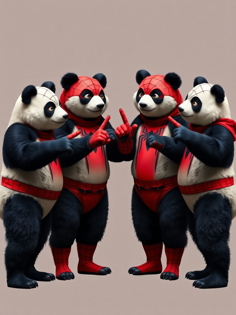 Four panda bears dressed as Spiderman standing in a circle pointing fingers at each other