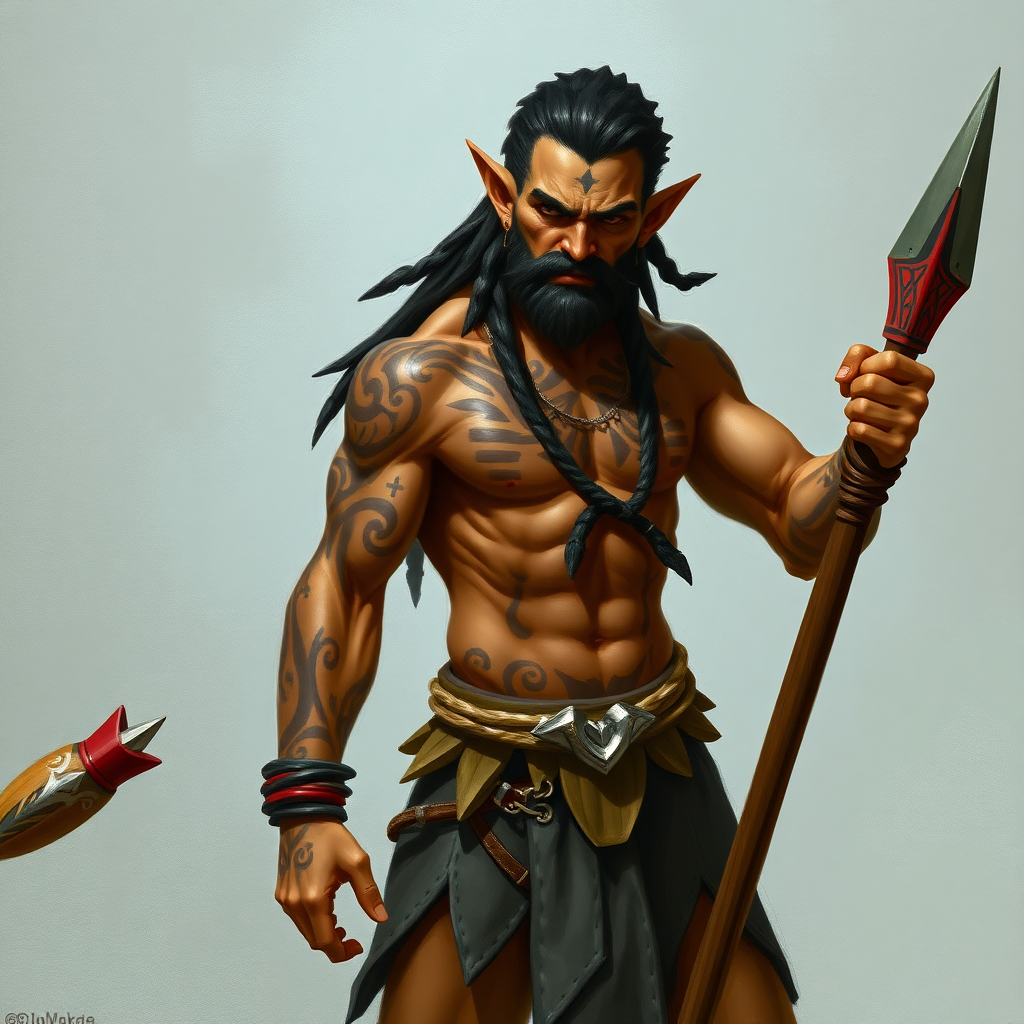 A painted DND Maori Sea Elf, with a muscular body, traditional Maori tattoos, olive skin color and he's wielding a spear.