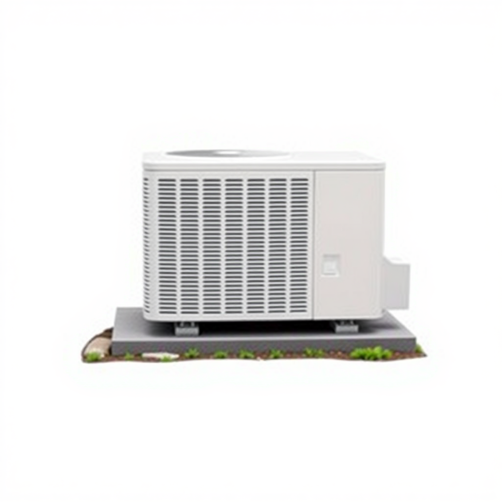 A simple, realistic image of a standard residential outdoor air conditioning unit or condenser. The unit should be placed on a flat surface, such as a concrete pad, and surrounded by some basic landscaping elements like grass, small shrubs, or rocks. The unit should be a neutral color like white, beige, or gray. The image should have a plain, uncluttered background to serve as a generic stock photo.