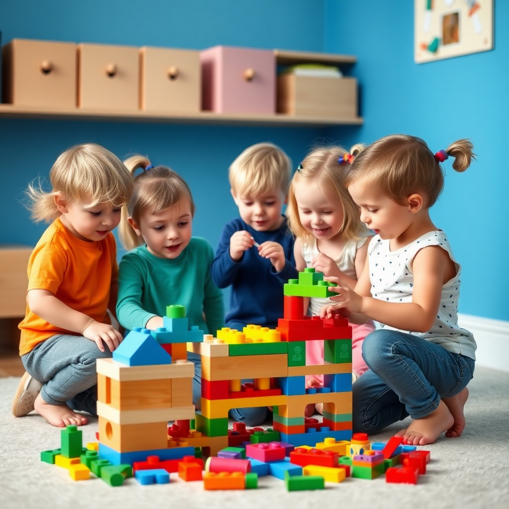 A group of 5 children playing toy building blocks, all of different body types, age 10, and the room in which they are playing should have blue-colored walls.