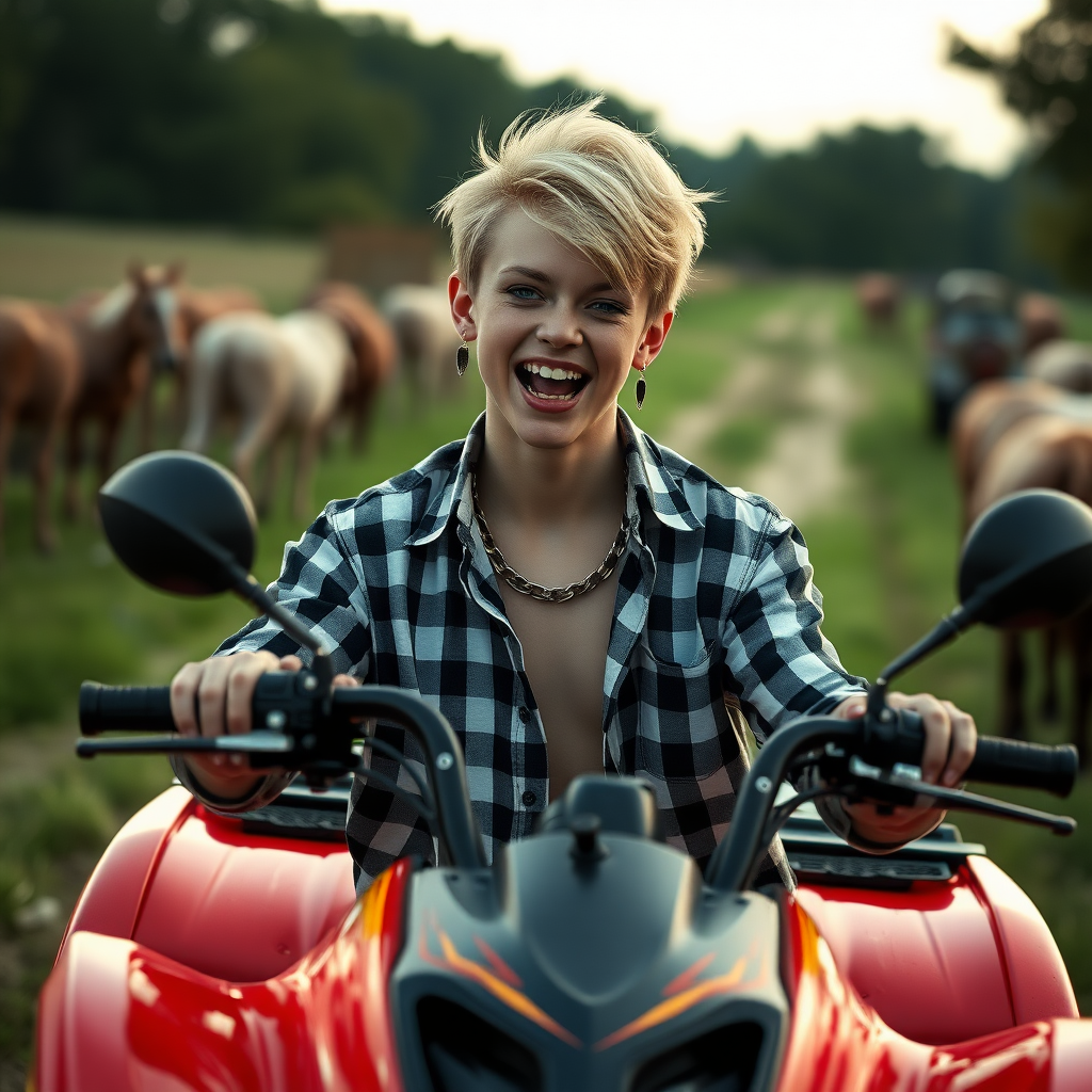 photorealistic, ultra high resolution, 16K, surreal fantasy, soft studio lighting, Tyler Swift is a pretty 14 year old goth male , slim male physique, blonde hair, blue eyes, vampire long canine teeth, goth makeup, earrings, shiny black pantyhose, stilettos, checked shirt, spikey neck collar chain, riding a quadbike on a farm during daytime, excited open mouth smile, bulging crotch, facing the camera.