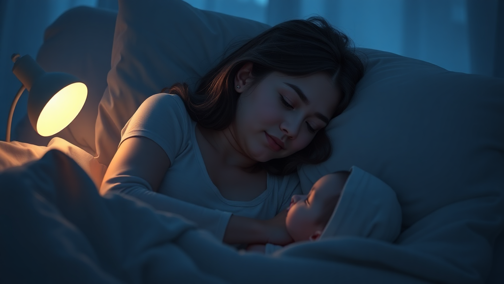 A mother trying to sleep a little baby in night animation