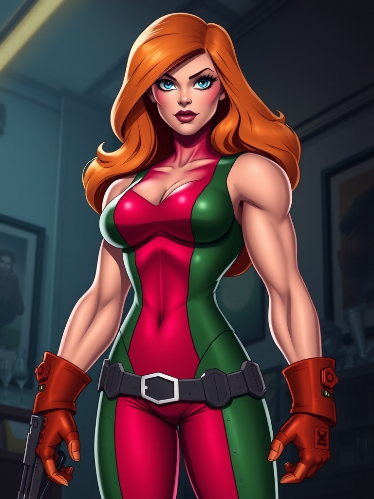 Create a photorealistic full-body image of Daphne Blake, maintaining her head while adopting Doomguy's muscular body shape and gender features. Alter her body form to match Doomguy's physique, ensuring her proportions reflect his strength and bulk. Adjust her outfit accordingly to fit the new body outline, blending her signature style with an armored, combat-ready aesthetic. Set the scene against an appropriate backdrop that harmonizes the worlds of Daphne and Doomguy, incorporating elements from both a mystery-solving atmosphere and a dark, action-packed environment. Ensure the final image captures the essence of both characters effectively.