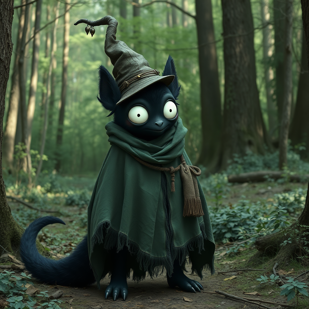 In the middle of the clearing is a dark creature with black fur, a long black tail, and big black ears. He wears a tattered sage green cloak that's way too big for him, and a brown sachal over his shoulder. He has a cacky colored tall pointed hat that leans to one side and bends in the middle and has a few trinkets strung to it. The creature doesn't have any facial features aside from 2 impossibly wide, snow white eyes that take up most of his face, and glow a pure white.