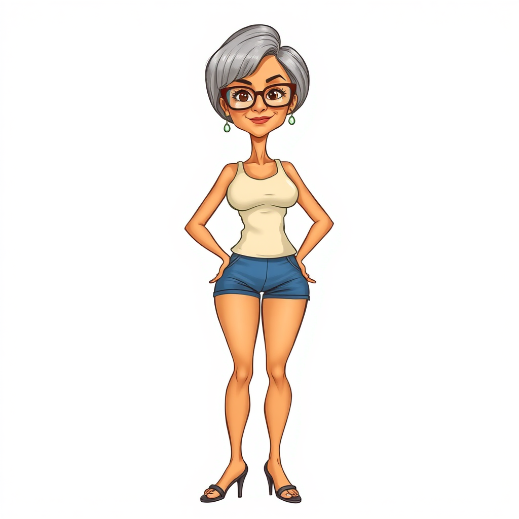 a towering 55 Years old, fit, slim, European, Latina, sharp aquiline nose, wrinkles, high cheekbones, Middle Eastern, Skinny, Tanned skin, Dark light skin, Rounded Medium breasts, Skinny thighs, full Makeup, jewelry, Serious face, Sharp nose, Ash hair, short bowl haircut, Brown eye color, Glasses, with detailed features. Hands on hips, she is wearing a cream tight tank top and tight blue ruched shorts, detailed fabric. full body, high heels sandals, she is gesturing at the viewer, long establishing shot, 2D, caricature, cartoon, Sketch lines, coloring book, nlack and white, coloring book style on white background, well composed, clean coloring book page, No dither, no gradient, strong outline, No fill, No solids, vector illustration, realistic proportions