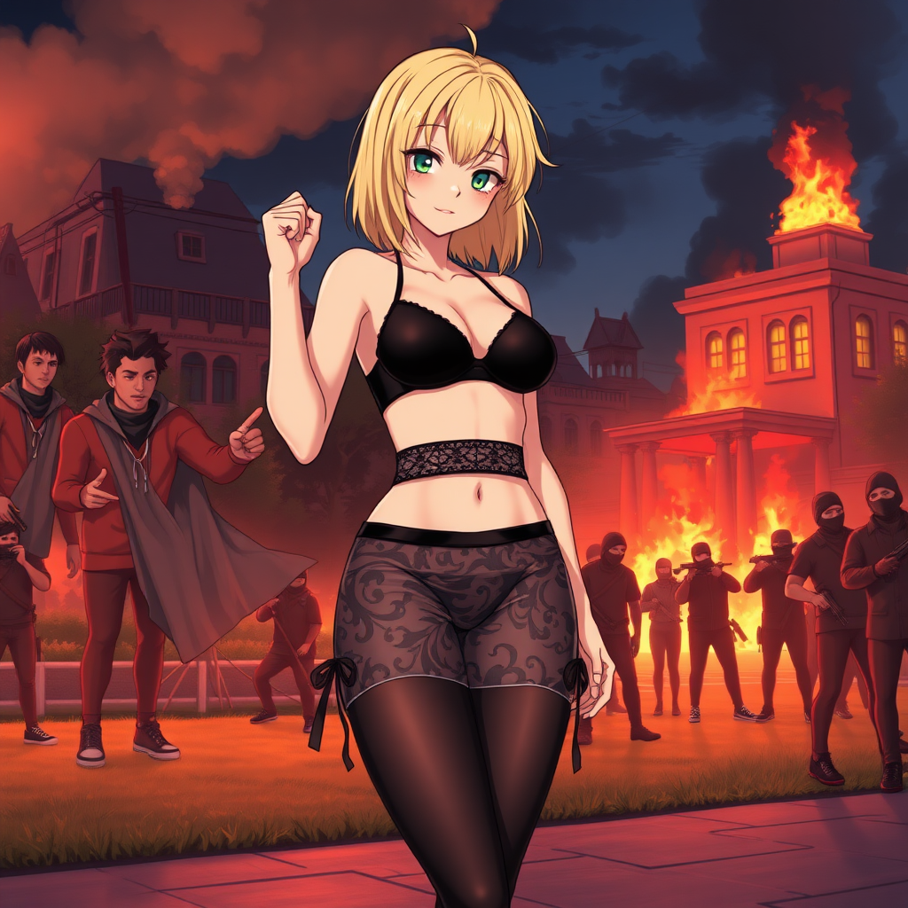 Anime art of a woman, medium blonde hair, a black, sleeveless crop top that reveals the woman's black bra and a high-waisted, large breast, patterned transparent mini skirt that showcases a mix of black and white colors and black-underwear. She is also wearing black sheer tights and black sneakers with white laces, raised fist. Park and 1 building on fire at night from riots background, groups of black-rioters-thugs