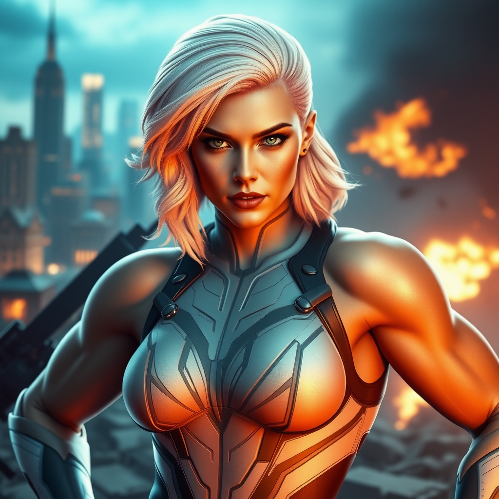 Generate a photorealistic image of a hybrid character combining Emma Frost's head, hairstyle, and facial features, and the muscular physique of Marcus Fenix. Retain Emma's signature costume, altered to fit the new male body while maintaining its style and elegance. The background should blend elements from both characters' worlds—futuristic cityscapes reminiscent of Emma Frost's universe interspersed with the gritty, war-torn environment typical of Marcus Fenix’s battles. The lighting should be dramatic, highlighting the hybrid character in a powerful pose that showcases strength and confidence.