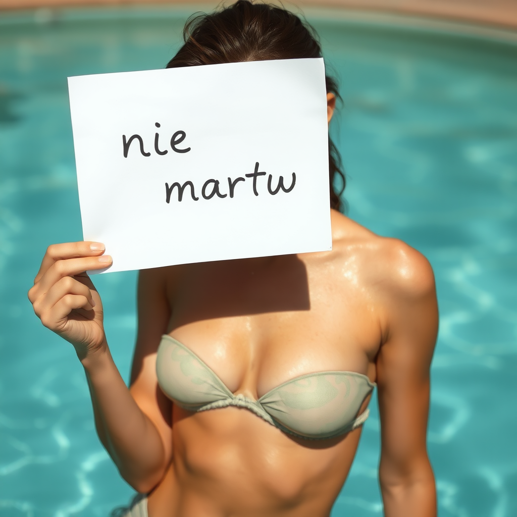 Rooney Mara wearing a bikini holding the paper with "nie martw się" written on it.