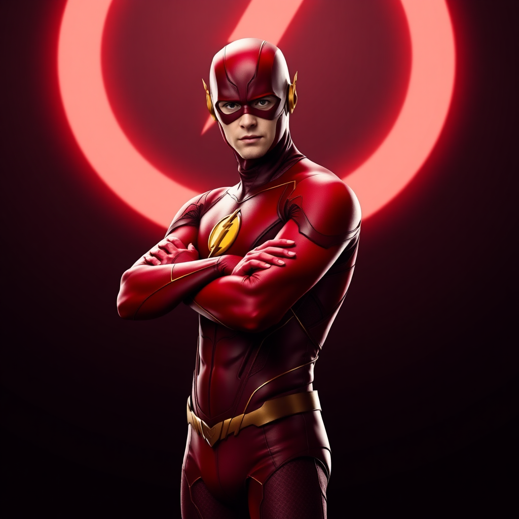 Grant Gustin as The Flash in action pose with his arms crossed, scarlet red costume without his hood on his head, digital art style, minimalist, ultra detailed, cinematic light, cinematic effects, cinematic film, live-action.