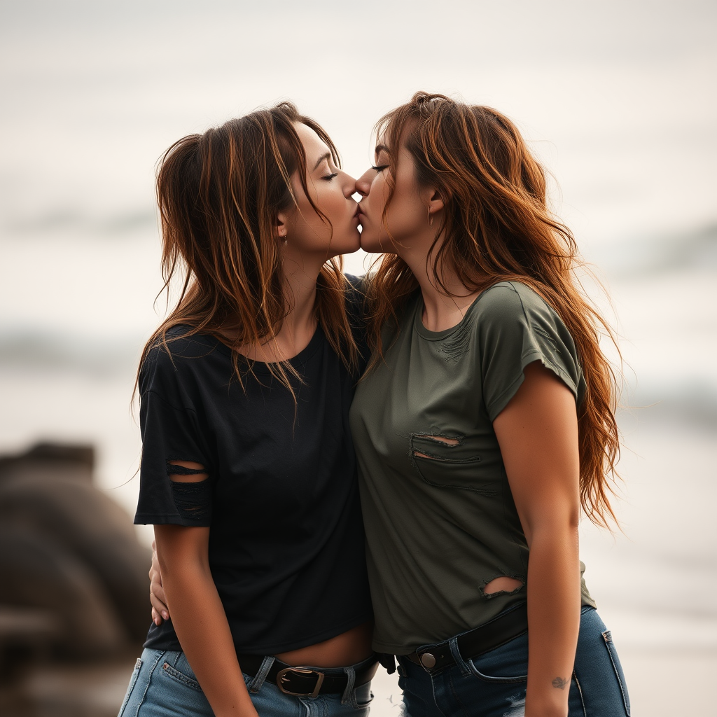 two women in ripped and torn wet t-shirts kissing