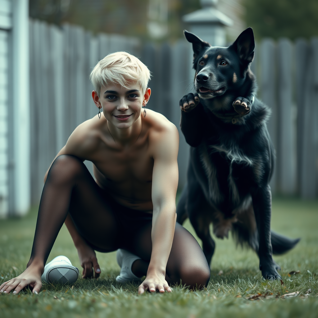 photorealistic, ultra high resolution, 16K, surreal fantasy, studio lighting, a pretty 16 year old goth male, slim male physique, short blonde hair, goth makeup, earrings, pantyhose, white ballet shoes, playing with his large dog in the yard - he is kneeling forward, while the dog stands up behind him and rests its paws on the boys shoulders, excited smile, facing the camera.