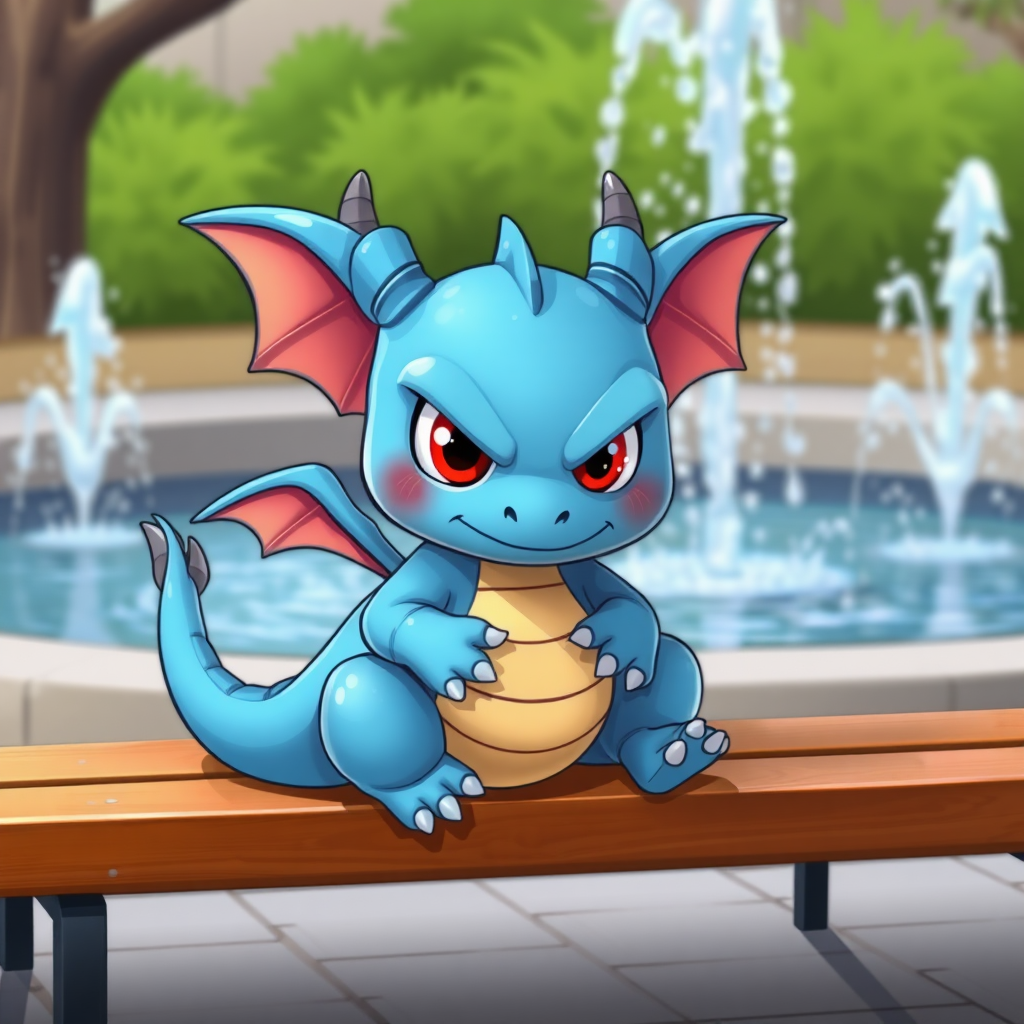 A cartoon angry blue small dragon with two legs, two arms, black eyes with red pupils and wings sitting on a bench watching a water fountain.