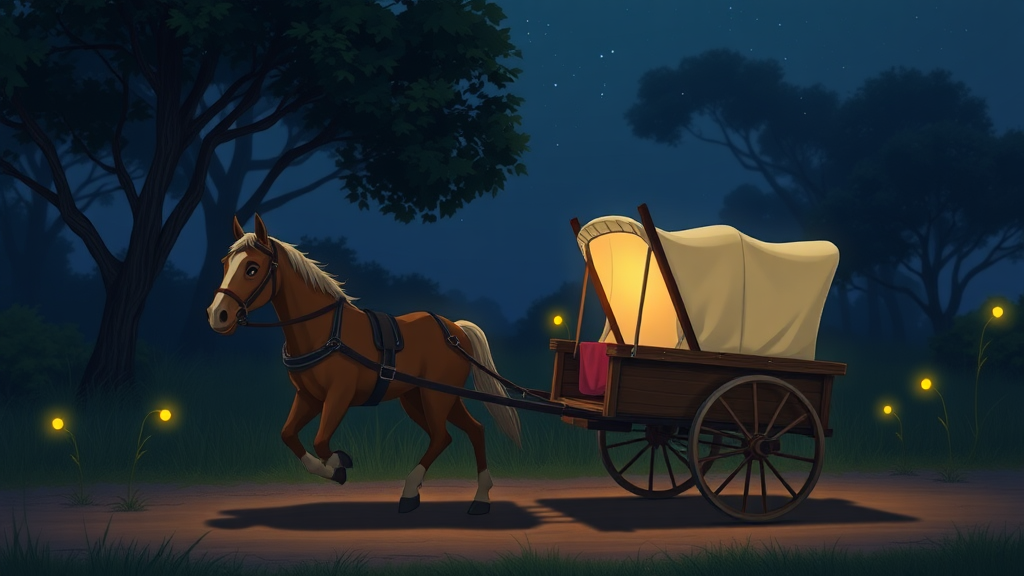 A horse and cart at night, with some fireflies around, animation.