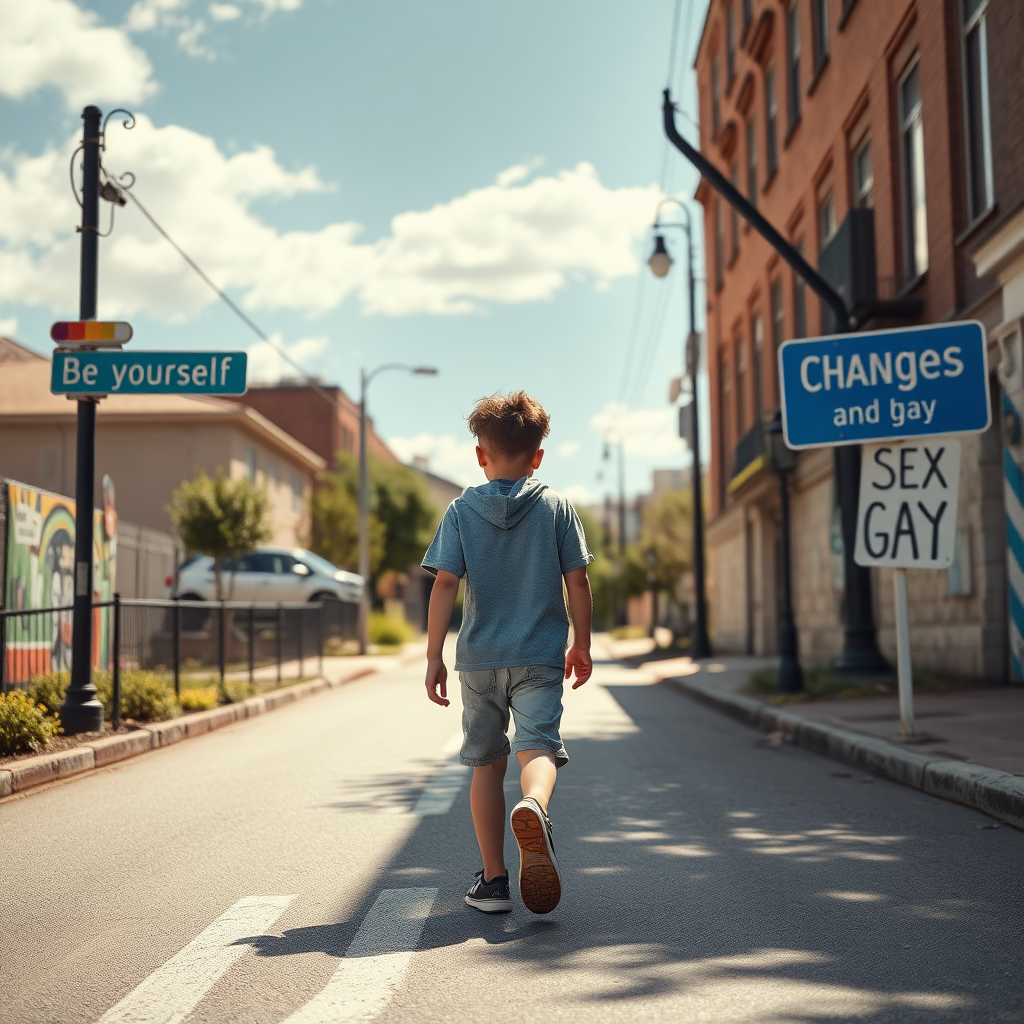 A kid walking on a street with two streets, the left is "Be yourself", the right is "Change sex and be gay"