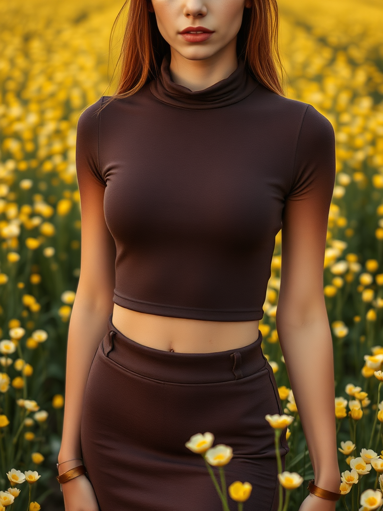 A slim girl in dark brown turtleneck crop top and dark brown body-tight skirt, yellow white petals flowers field, close-up shot, slim model face,