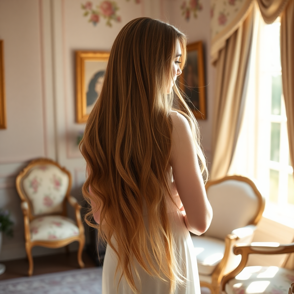 In an elegantly styled room adorned with soft pastels and subtle floral patterns, Kate Middleton stands gracefully, her exquisite and luxuriously long hair cascading like a silken waterfall down her back. Each golden strand shimmers under the gentle glow of natural light streaming in through a nearby window. The hair flows effortlessly, creating a delicate veil that artfully conceals her modesty. 

Her poised demeanor exudes confidence and sophistication, set against a backdrop of elegantly arranged antique furniture and delicate artworks that evoke a sense of timeless beauty. The faint scent of lavender fills the air, mingling with the warmth of sunlight, creating an atmosphere of serene elegance. 

As a soft breeze lightly stirs the strands of her hair, the intimate moment captures both grace and allure, showcasing her unmatched charm and regal presence in this tranquil and opulent setting.